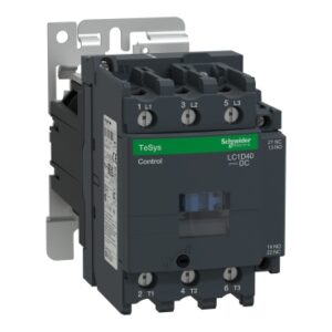Schneider TeSys control contactor mounted on a DIN rail with terminal screws labeled L1–L3