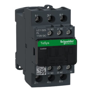 TeSys control relay by Schneider Electric on a DIN rail with multiple terminal screws and a green label.