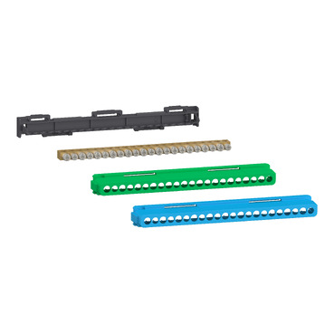 Set of color-coded perforated plastic tracks with evenly spaced holes and a metal mounting bracket, used for modular cable or component organization.