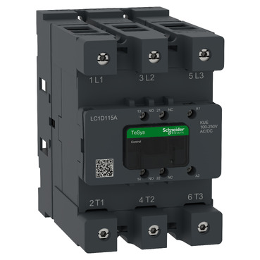 Three‑pole Schneider TeSys circuit breaker module viewed from the front with L1–L3 and T1–T3 terminals labeled