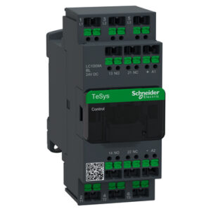 Schneider Electric TeSys control relay/terminal‑block module with multiple green terminal blocks and a 'Control' label, mounted on a rail.