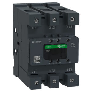 Schneider TeSys three-pole contactor with labeled terminals 1L1/3L2/5L3 and 2T1/4T2/6T3 for switching electrical loads.